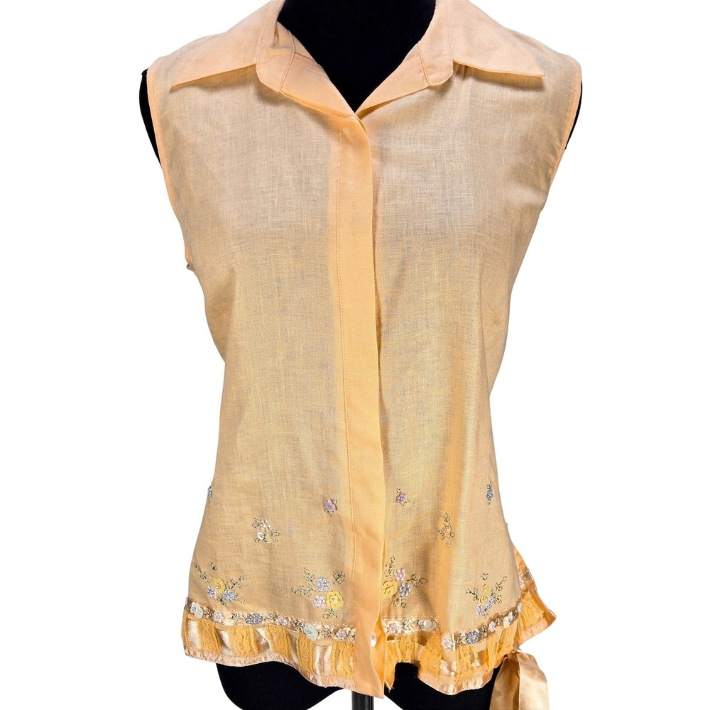 Women's Edward Large Peach Irish Linen‎ Embroidered Sleeveless Blouse Top